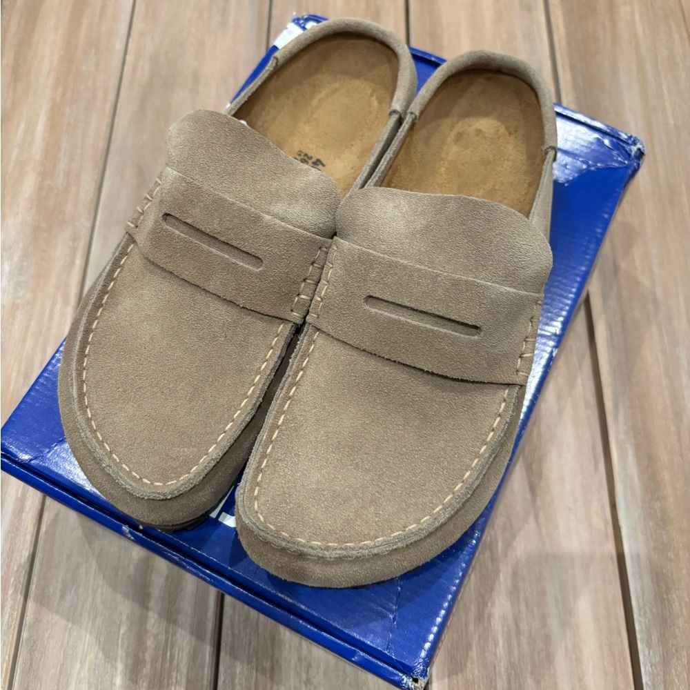 Birkenstock Boston Taupe Suede Wrapped Naples, 40 Narrow, Brand New With Box